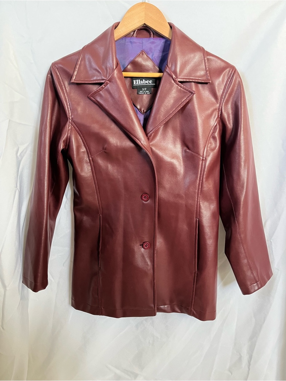 Ellabee - Women's Wine Faux Leather Button-Front Jacket